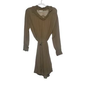 SULA Long Sleeve Sheer Mini Dress Ruffle Trim Tie Waist Olive Green Womens Sz M